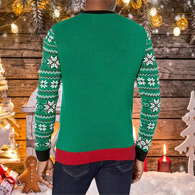Men's Ugly Christmas Sweater Pullover Ribbed Knit Cropped Knitted Santa Claus Crew Neck