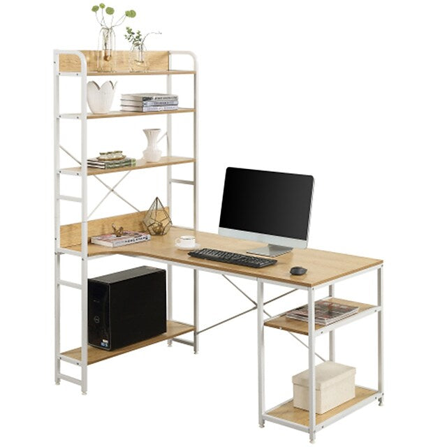 Home Office computer deskSteel frame and MDF board/5 tier open bookshelf/Plenty storage space(Nature)