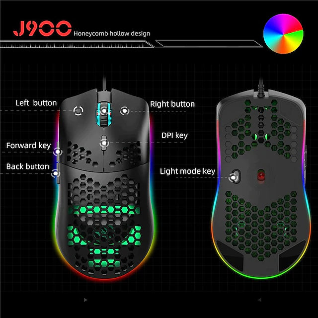 J900 USB Wired Gaming Mouse RGB Gamer Mouses with Six Adjustable DPI Honeycomb