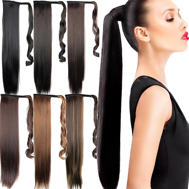 Natural black yaki straight long clip in ponytail hair extensions