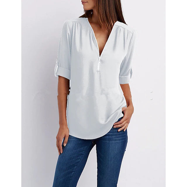 Women‘s Blouse Shirt Zipper Basic Plain Daily V Neck
