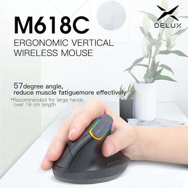 Delux M618C Wireless Silent Ergonomic Vertical 6 Buttons Gaming Mouse USB Receiver RGB 1600 DPI