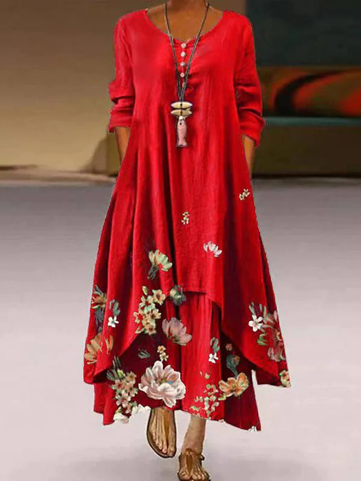 Women's Swing Dress Maxi long Dress Red Long Sleeve Print