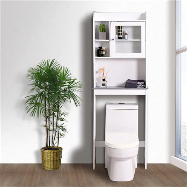 Wooden Bathroom Floor Storage Cabinet Multifunctional Cabinet with Glass Double Doors and Adjustable Shelf White