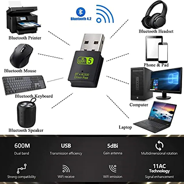 USB WiFi Bluetooth Adapter 600Mbps Dual Band 2.4/5Ghz Wireless Network External Receiver