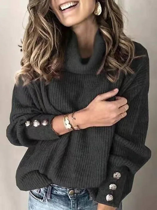 Women's Sweater Pullover Knitted Button Solid Color Stylish Basic Casual