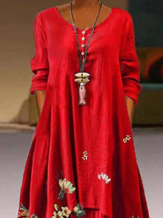 Women's Swing Dress Maxi long Dress Red Long Sleeve Print