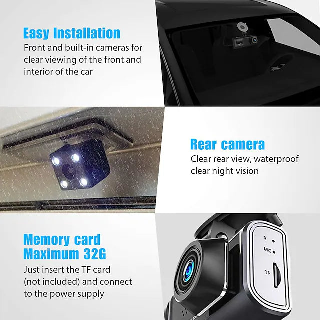 3 Channel Dash Cam Front and Rear Inside, 1080P Dash Camera for Cars
