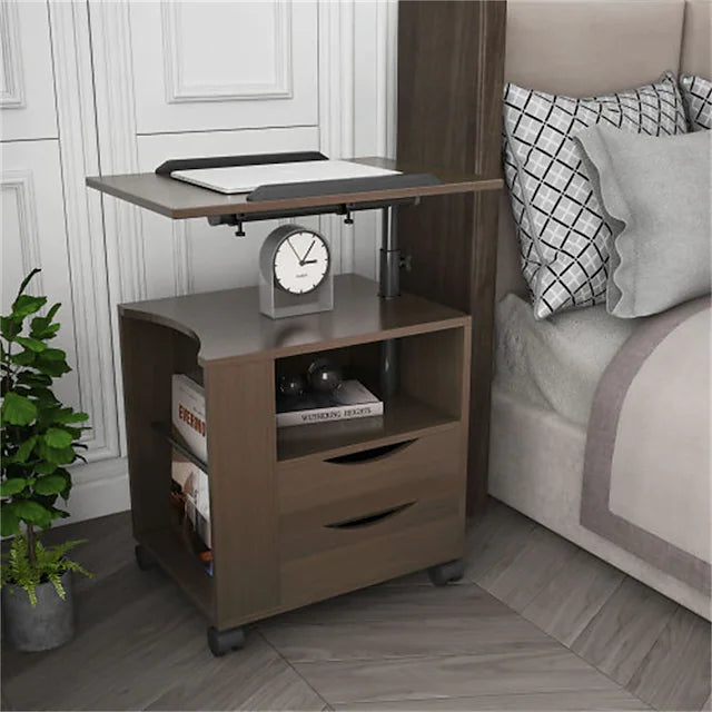 Height Adjustable Overbed End Table Wooden Nightstand with Swivel Top Storage Drawers Wheels and Open Shelf (White Maple)