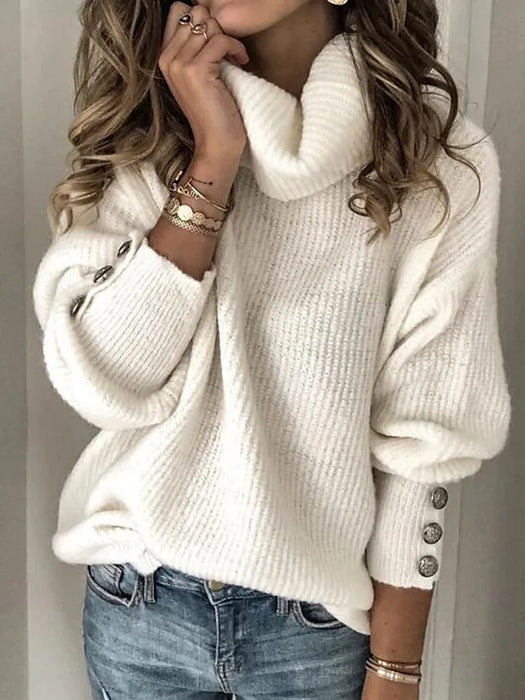 Women's Sweater Pullover Knitted Button Solid Color Stylish Basic Casual