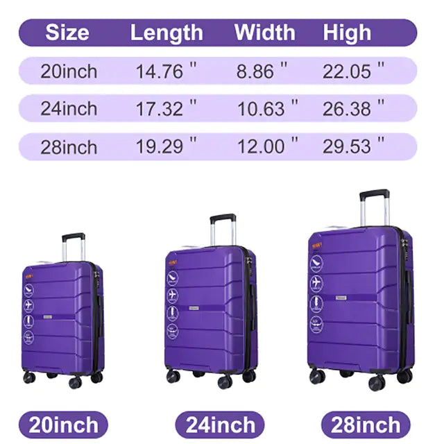Hardshell Suitcase Spinner Wheels PP Luggage Sets Lightweight Suitcase with TSA Lock(only 28)3-Piece Set (20/24/28) Purple