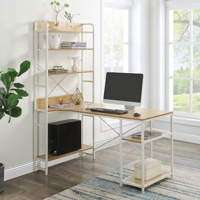 Home Office computer deskSteel frame and MDF board/5 tier open bookshelf/Plenty storage space(Nature)