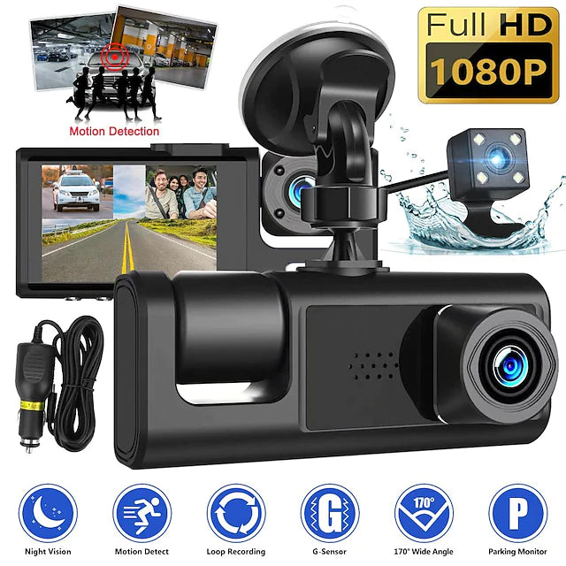 3 Channel Dash Cam Front and Rear Inside, 1080P Dash Camera for Cars