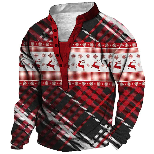 Men's Unisex Sweatshirt Pullover Button Up Hoodie Red Standing Collar Graphic Prints Reindeer