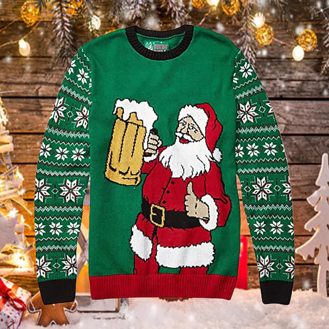 Men's Ugly Christmas Sweater Pullover Ribbed Knit Cropped Knitted Santa Claus Crew Neck