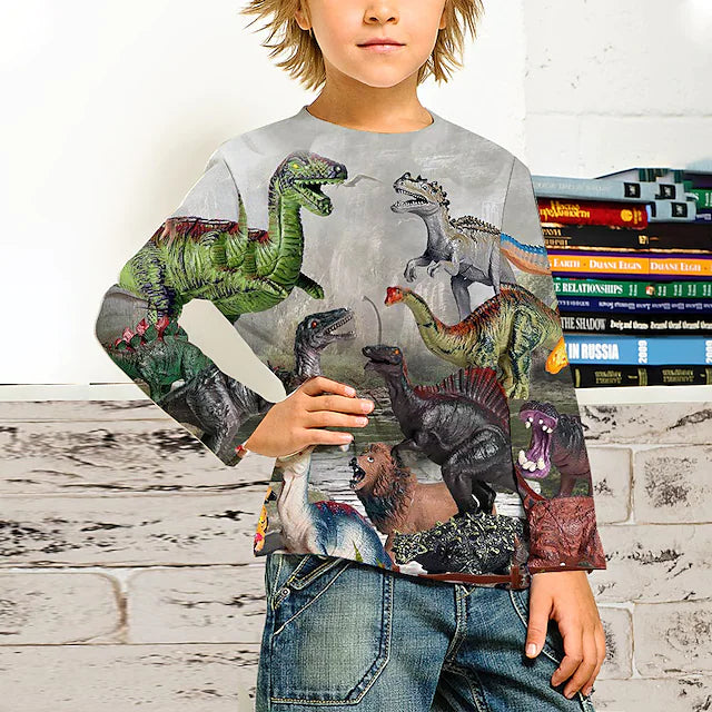 Kids Boys T shirt Animal 3D Print Long Sleeve Active 4-12 Years Fall Gray