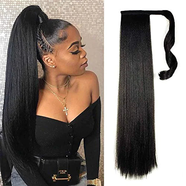 Natural black yaki straight long clip in ponytail hair extensions