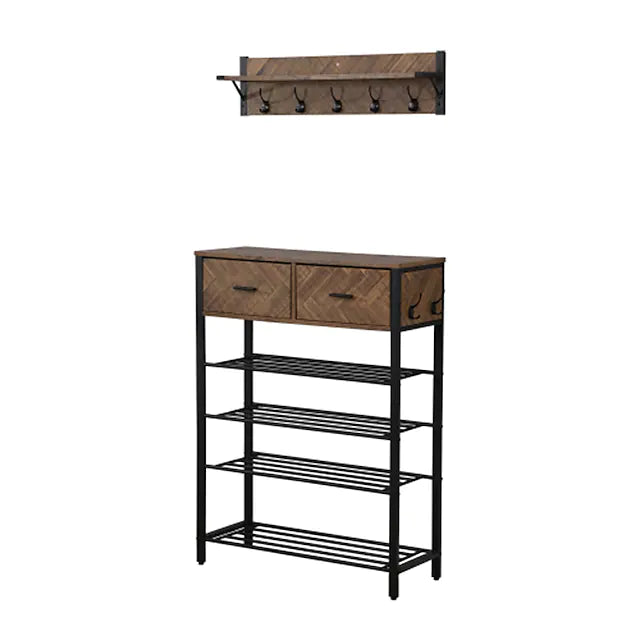 Entryway 4-tier Shoe Shelf with Drawers Coat Rack One Set Entryway Shoe Rack with Storage and Hooks