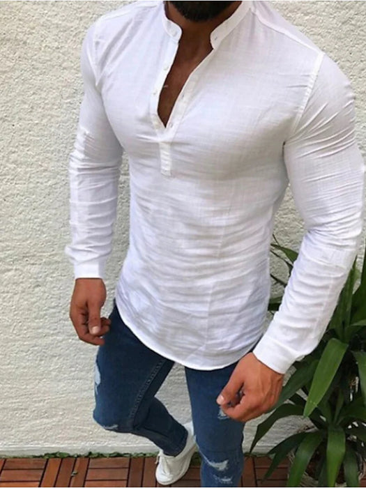 Men's Shirt Solid Colored Plus Size Collar Round Neck Long Sleeve