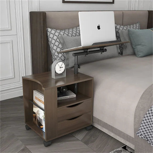 Height Adjustable Overbed End Table Wooden Nightstand with Swivel Top Storage Drawers Wheels and Open Shelf (White Maple)
