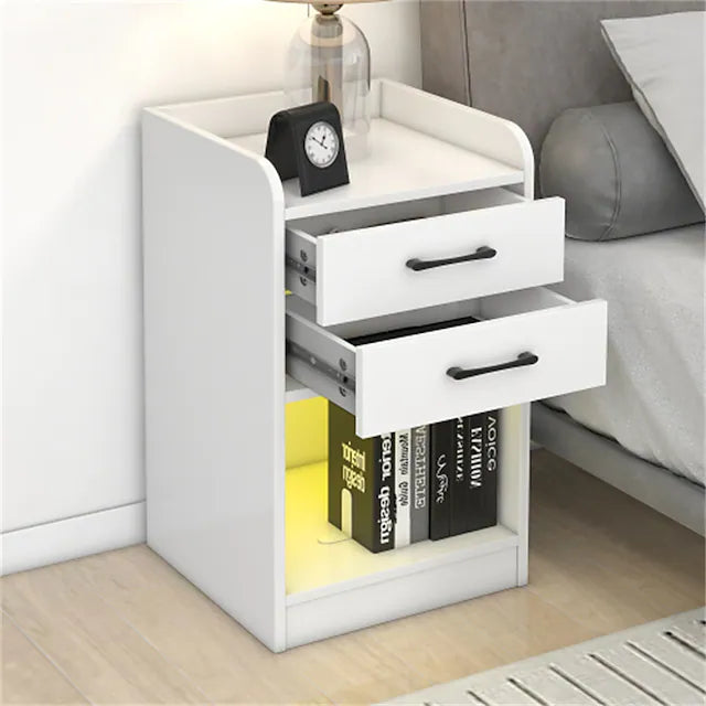 Nightstand with 2 Drawers and CabinetUSB Charging Ports and Remote Control LED Ligh