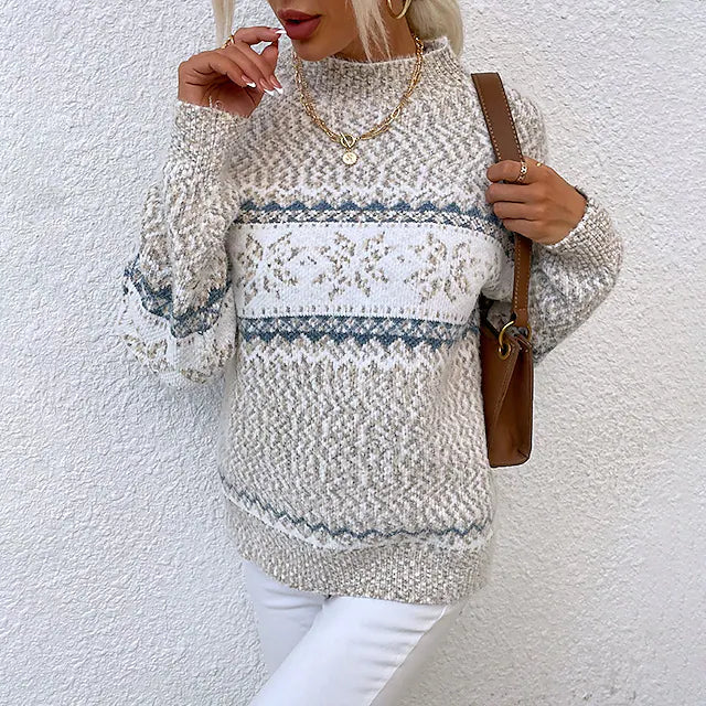 Women's Ugly Christmas Sweater Pullover Sweater Jumper Ribbed Knit Knitted Snowflake Turtleneck