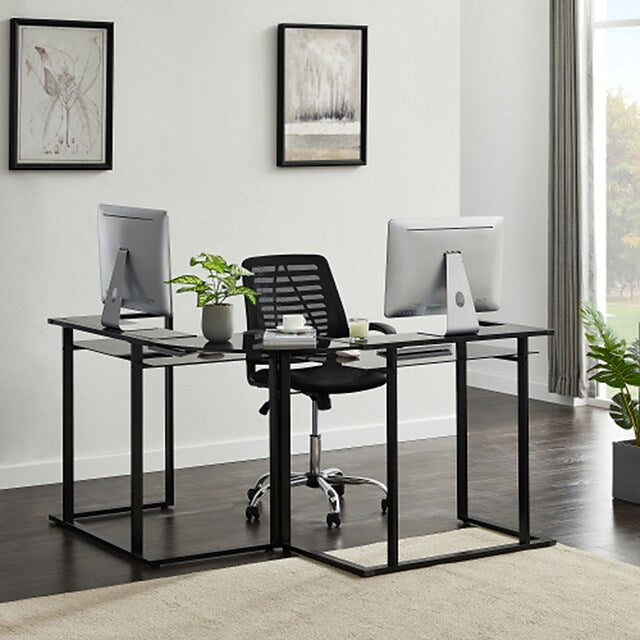 L-Shaped Glass Desk 56 Home Office Computer Desk with Shelf Round Corner Glass Workstation Desk Black