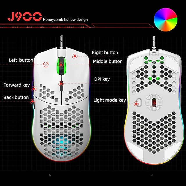 J900 USB Wired Gaming Mouse RGB Gamer Mouses with Six Adjustable DPI Honeycomb