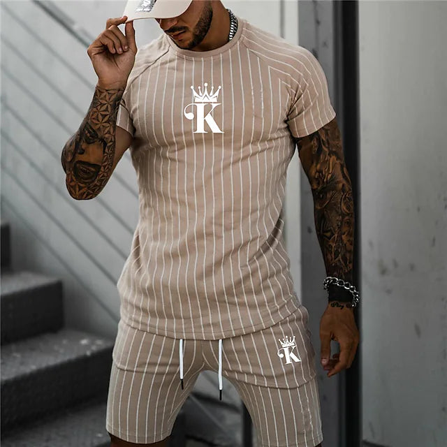 Men's Shorts and T Shirt Set T-Shirt Outfits Graphic Striped Poker Crew Neck