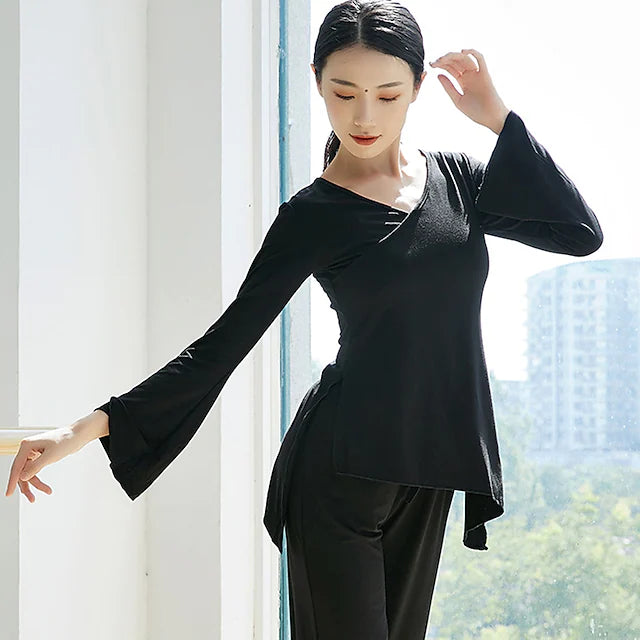 Ballet Top Split Ruching Solid Women's Training Performance Long Sleeve Modal