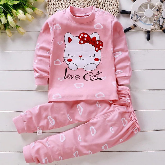 Kids Girls' 2 Pieces Pajamas Pink Print Spring Fall Active Indoor 2-6 Years / Basic / Cute / Winter