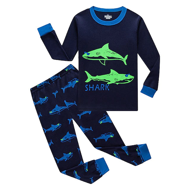 Kids Boys Pajama Set Long Sleeve Navy Blue Letter Shark Winter Fall