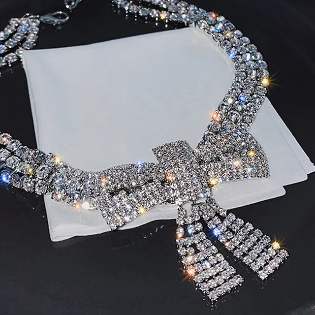 Rhinestone Choker Necklace Bow-Knot Full Crystals Necklaces Silver Sparkly
