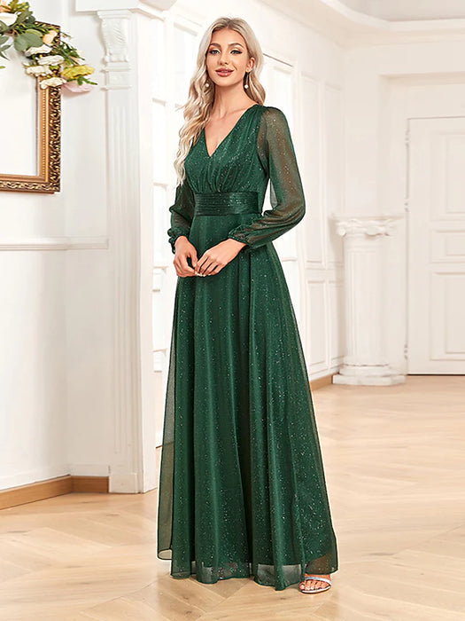 A-Line Evening Gown Elegant Dress Formal Floor Length Long Sleeve