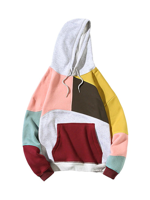 Men's Hoodie Pink Khaki Hooded Graphic Color Block Patchwork Casual