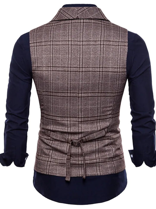 Men's Casual Vest Plaid Regular Fit Shawl Collar Double Breasted Six-buttons