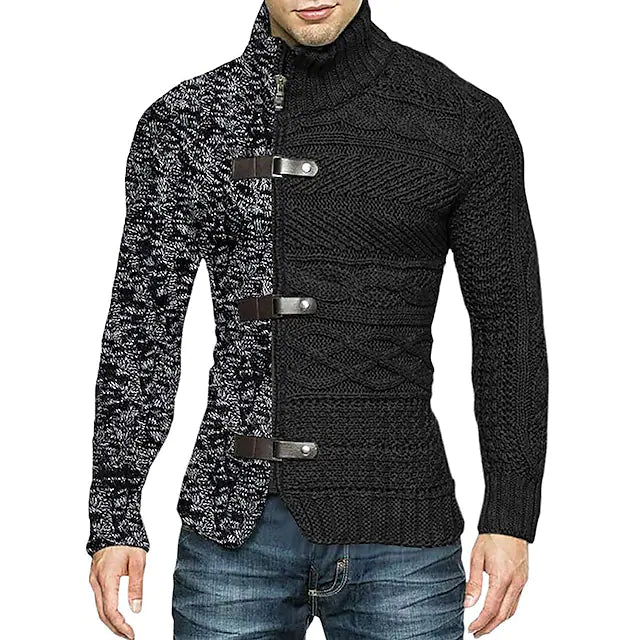 Men's Cardigan Sweater Ribbed Knit Cropped Knitted Standing Collar