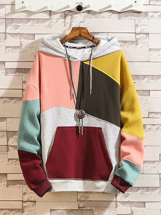 Men's Hoodie Pink Khaki Hooded Graphic Color Block Patchwork Casual