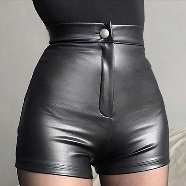 Women's Shorts Hot Pants PU Faux Leather Black Mid Waist Fashion
