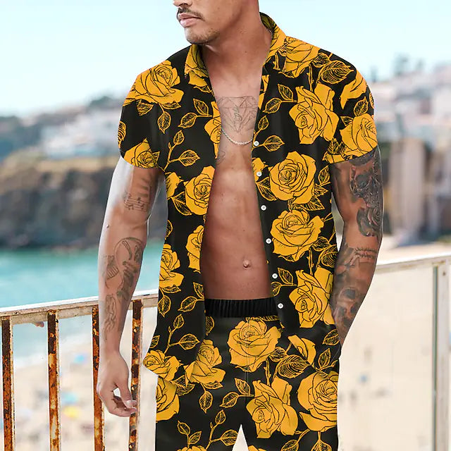 Men's Shirt Set Short Sleeve Button-Down Tops Floral Rose Print Turndown Red Outdoor Casual Fashion Casual Hawaiian