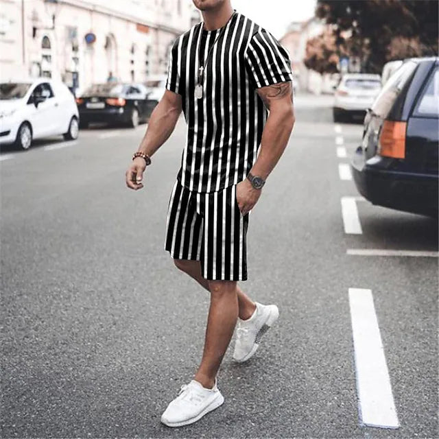 Men's Black and White Striped Short-sleeved T- shirt Shorts Suit