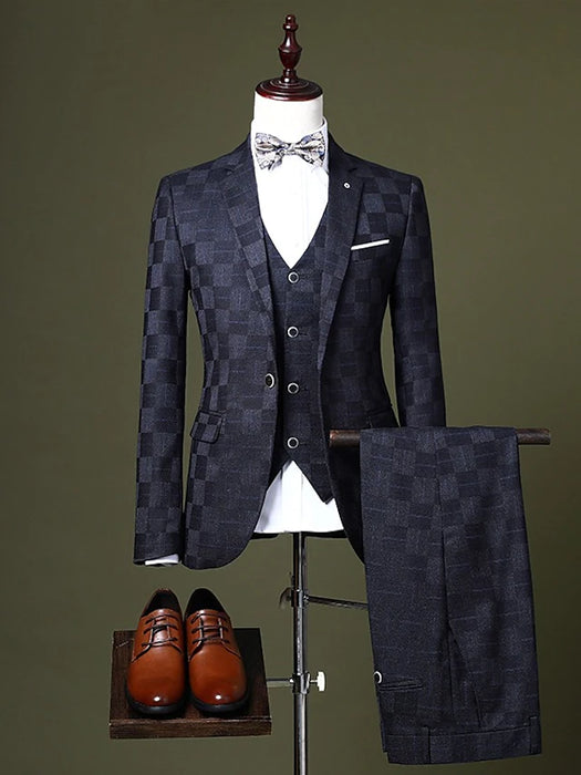 Men's Wedding Party Suits 3 Piece Checkered Tailored Fit Suit Single Breasted One-button