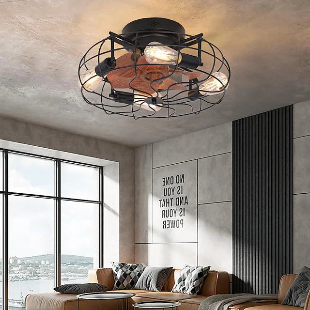 Caged Ceiling Fan with Light Remote Control Low Profile Flush Mount