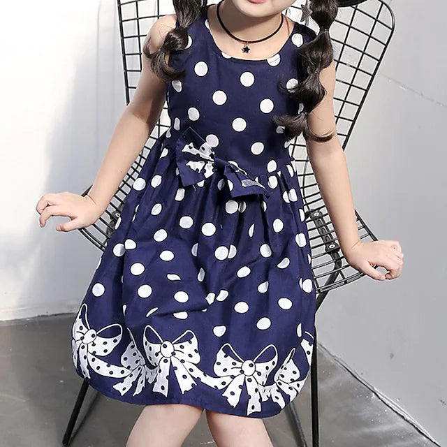 Kids Girls' Retro Polka Dot Dress Lace Trims Print Blue White Knee-length