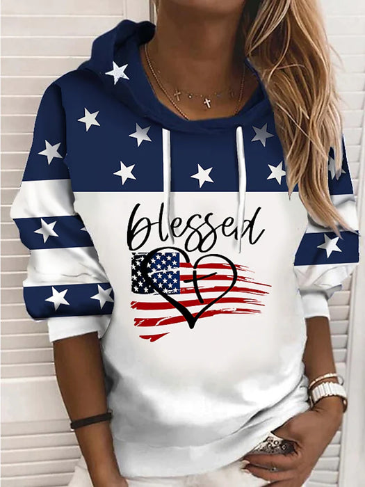 Women's Hoodie Sweatshirt Heart American US Flag Text Print
