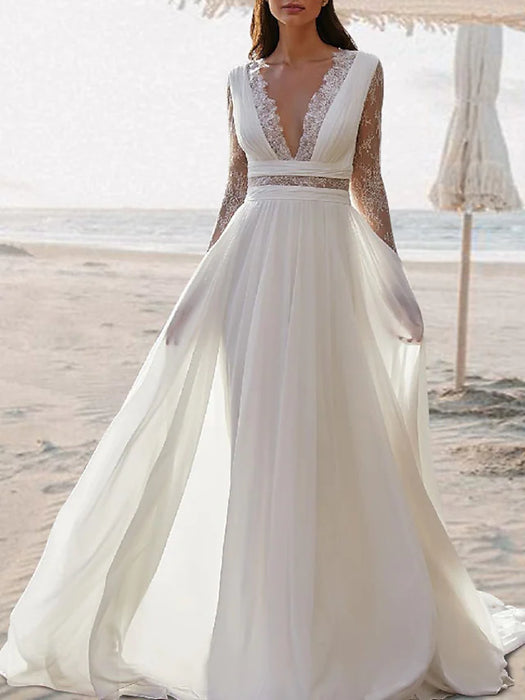 Beach Boho Open Back Wedding Dresses Sweep / Brush Train A-Line Sleeveless