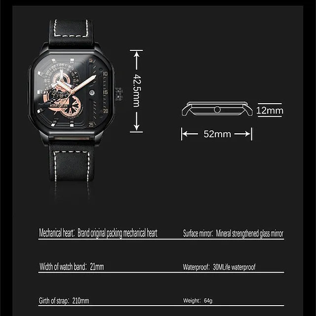 Square Non-Mechanical Quartz Watch with Luminous Calendar.
