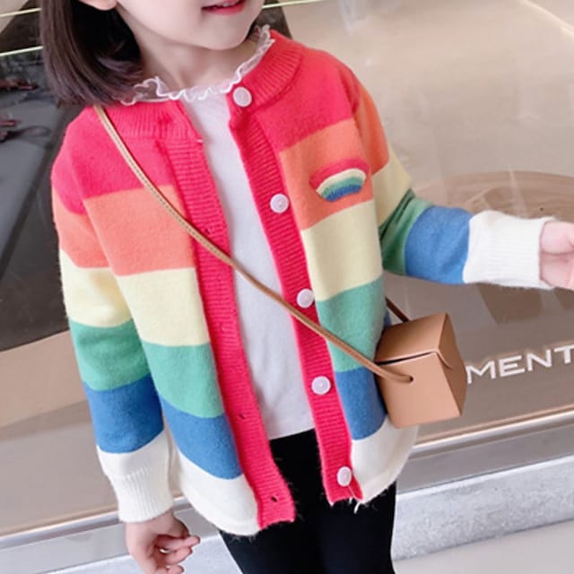 Kids Girls' Cardigan Color Block Daily Long Sleeve Cute Cotton 3-6 Years Fall Rainbow