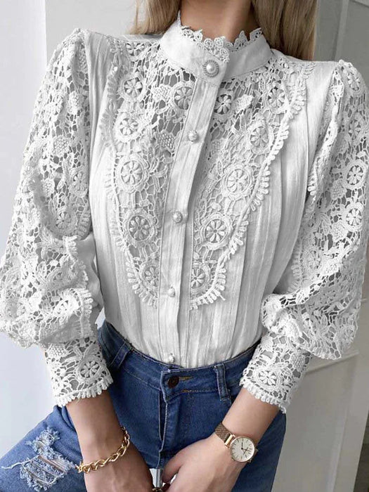 Women's Blouse Shirt Beige White Black Plain Lace Button Long Sleeve