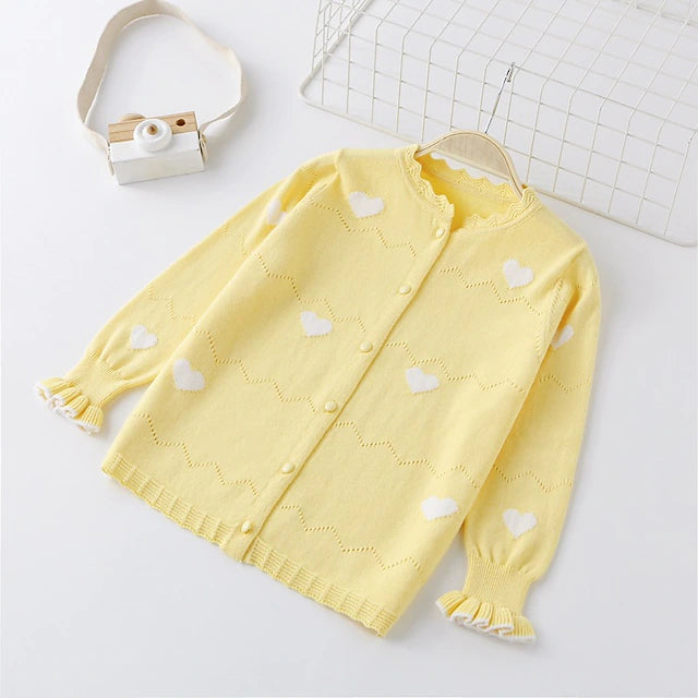 Kids Girls' Cardigan Heart Long Sleeve Basic Cotton Fall Pink Yellow White